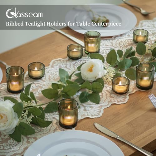 Glasseam Glass Votive Candle Holders: 8 PCS Ribbed Green Tea Lights Candle Holder Set Vintage Small Tealight Holders for Table Centerpiece Christmas Party Decor - color: Dark Green