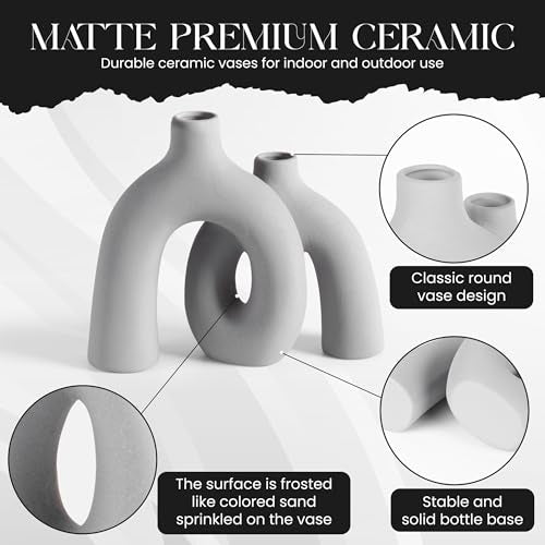 Ceramic Hug Vase (Soft Gray) Modern Donut Style Hugging Vases for Flowers Minimalist Decor – Hollow Ceramic Waterproof Home Decor Vases for Living Room, Bed Room, Book Shelf, Entryway Table. - color: Soft Gray