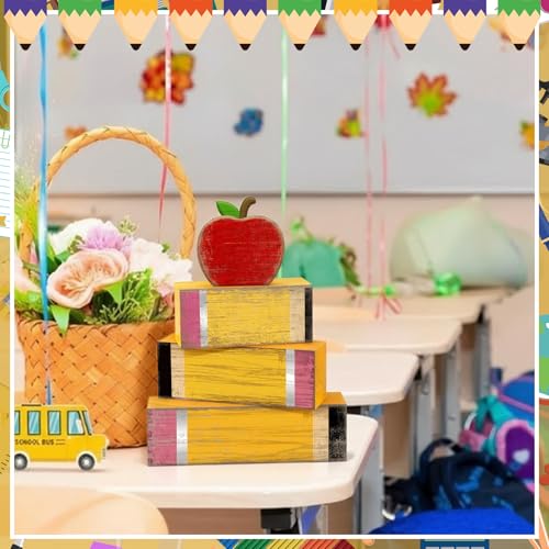Lineshading 4 Pcs Back to School Table Decorations Retro Red Apples Decor Back to School Tiered Tray Decor Apple Centerpieces Rustic Wood Pencil Block Stack Sign Farmhouse Gifts for Home Shelf Mantel - style: Apple