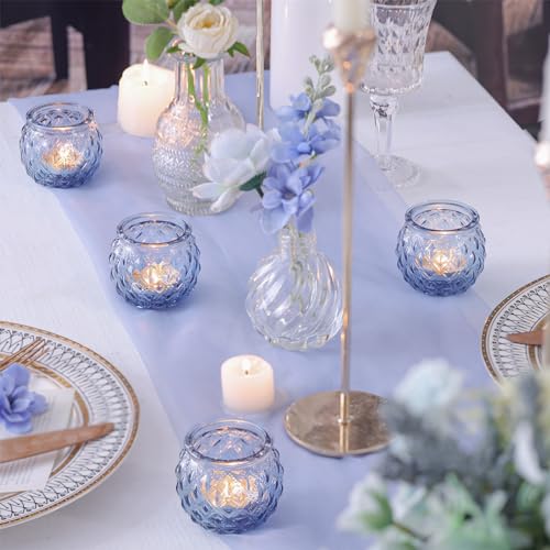 DARJEN 12Pcs Blue Votive Candle Holders - Round Glass Candle Holders Bulk for Tea Light Candle, Diamond Texture Candle Votives for Wedding Centerpiece, Party & Home Decor - color: Blue, size: 12PCS