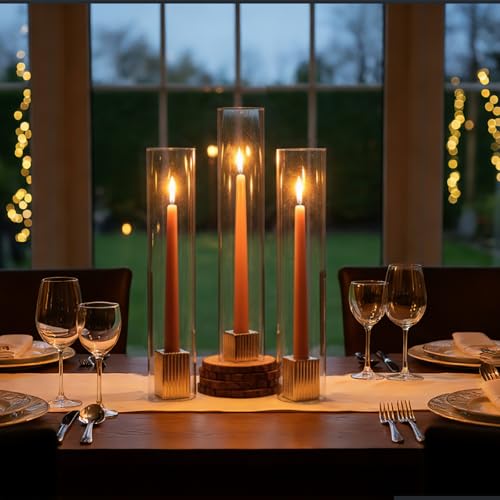 LETINE 14" Tall Hurricane Candle Holders with Gold Ribbed Taper Candle Holders Set of 9– Bulk Windproof Taper Candle Hurricane Glass for Outdoor&Indoors Wedding Centerpiece, Event & Home Decor - color: Gold, size: 14H"-9pcs+9pcs Taper Holder1.57"/2.36"/3.