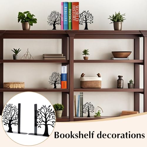 Decorative Bookends, Modern Metal Book Ends for Shelves, Tree Stopper for Books, Decorative Book Organizer Bookends Decorative, Black Shelve Bookends for Home Office, 6.1 X 6.1 X 1.2 Inch