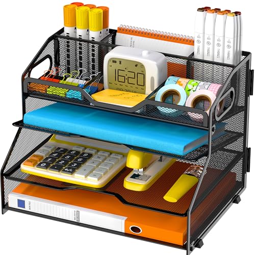 4 Tier Desk Orgnizers and Accessories, Metal Magazine File Holder with Pencil Holder and Handles, Space Saving Desktop Storage for School Office Supplies(Black) - color: Black-4