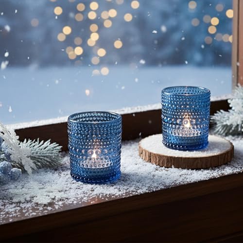 24 Pack Votive Candles Holders - 2x2.5in Blue Vintage Glass Votives Tealight Candle Holders for Table Centerpieces, Tea Light Candle Holder Decor for Wedding Bridal Shower Party - color: Blue