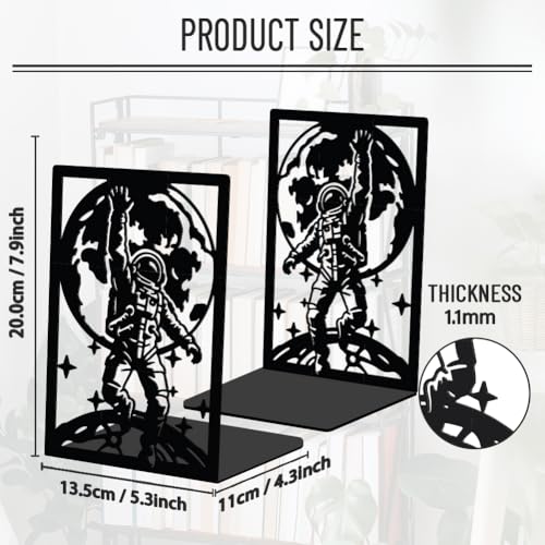 WADORN 1 Pair Space Astronaut Metal Decorative Bookend for Shelves, Heavy Duty Book Ends Modern Non-Skid Books Holder Stand Black Book Support Stoppers for Desk Bookshelf Office Home, 5.3x4.3x7.8 - color: Space Astronaut