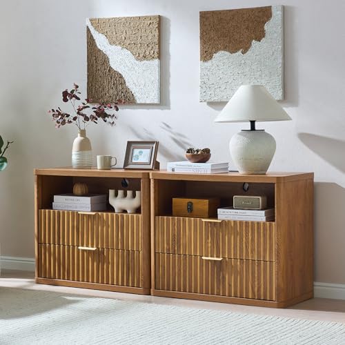 LEYAOYAO 31" Wide Fluted Nightstand with Charging Station, Oversized Extra Large 2 Drawers Night Stand,Brown Wood Bedside Table,Tall Bed Side End Tables,Modern Chest of Drawers Dressers for Bedroom - color: Brown, size: 2 Drawers
