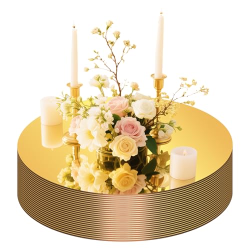 24PCS Gold Round Mirror Plates for Centerpieces, 10" Flat Circle Mirror Trays for Tables, Decorative Mirror Centerpieces for Wedding Party, Circle Mirror Candle Plates for Table Decor, Reception Event - size: 10 Inch