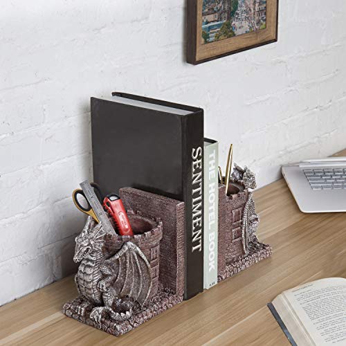 Bookends Dragon,Guard Castle Resin Decorative Bookends for Heavy Books with Pencil Holders, Fantasy Themed Book Holder for Home and Office - color: Stone Color