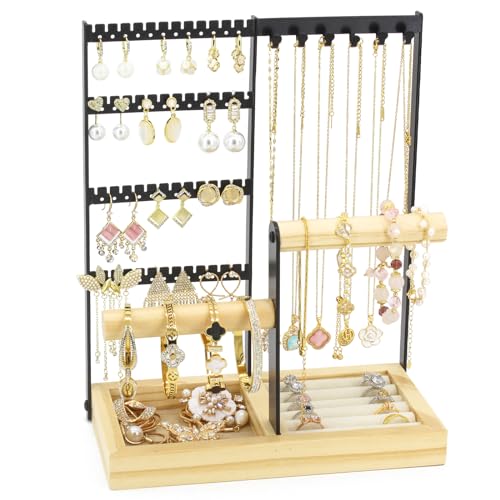 Jewelry Holder Organizer Jewelry Stand, 4-Tier Necklace Stand Earring Holder with Wooden Tray, Jewelry Rack for Bracelets Watches and Rings Display Stand, Gifts for Women & Girls-Black - color: Black
