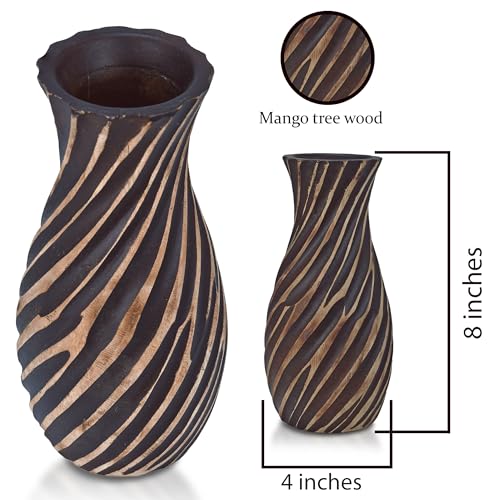 AeraVida Hand-Carved Spiral Stripes Mango Wood Vase for Dried Flowers | 8 inch | Classic Flower Vase