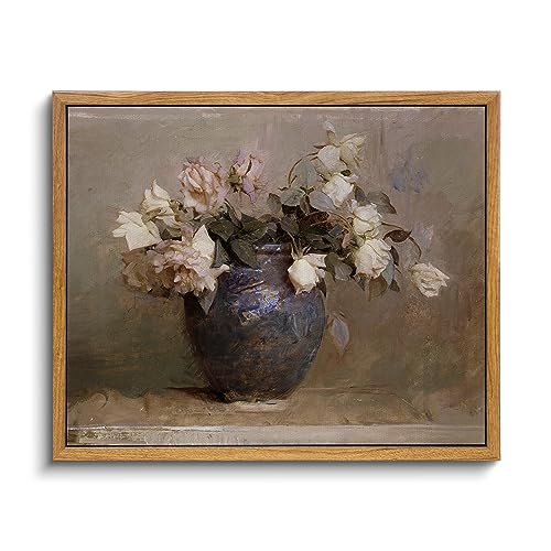 InSimSea Framed Canvas Wall Art Vintage Decor, Home Decor Flower in Pots Canvas Wall Painting Decor, Rustic Farmhouse Wall Decoration, Canvas Prints for Living Room Bedroom Office, 9"x11" - color: Roses in Vase, size: 11"L x 9"W