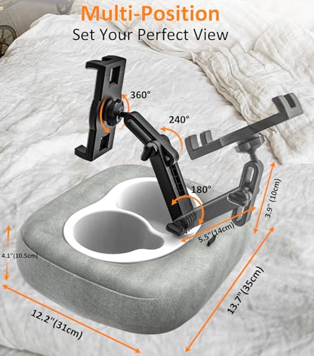 Pillow Tablet Holder Stand, 360°Adjustable Tablet Pillow Mount for Bed Lap Desk [Soft Skin-Friendly Fabric] fit for iPad, Galaxy Tab, Kindle, Fire, Phone, 4-13" (Detachable Washable, Gray)