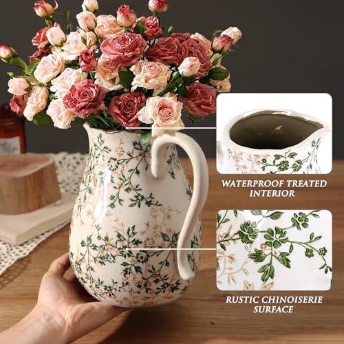 Ceramic Vintage Flower Vase with Handle, Green and Beige Rustic Farmhouse Pitcher Vase for Home Decor, Living Room, Bookshelf, Table Centerpiece 8 Inch