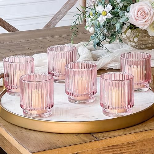 Blush Pink Vintage Ribbed Glass Tealight Votive Candle Holders by Kate Aspen (Set of 6), Pink Decor, Boho Decor, Shelf Decoration, Rose Gold Look | Perfect Hostess Gift - color: Pink