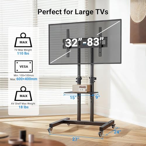 PERLESMITH Rolling TV Stand on Wheels for 32-83 Inch Screens up to 110lbs, Mobile TV Cart Height Adjustable Portable Outdoor TV Stand Tilt Rolling TV Cart with Shelf Max VESA 600x400mm PSTVMC03 - size: 32-83 Inch