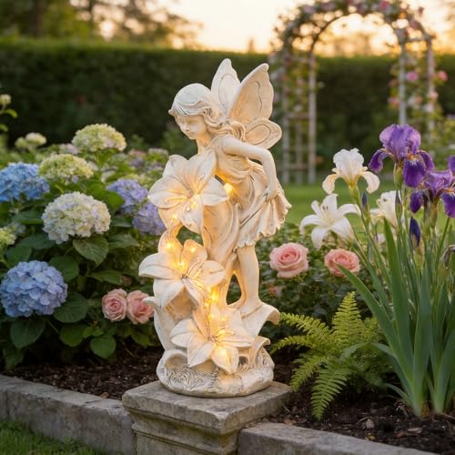 Angel Garden Statue Outdoor, Solar Powered Resin Garden Sculptures Fairy Angel Statues Waterproof LED Lights Yard Art Decorations for Outside Patio Lawn Ornament Gardening Gifts - style: Flower