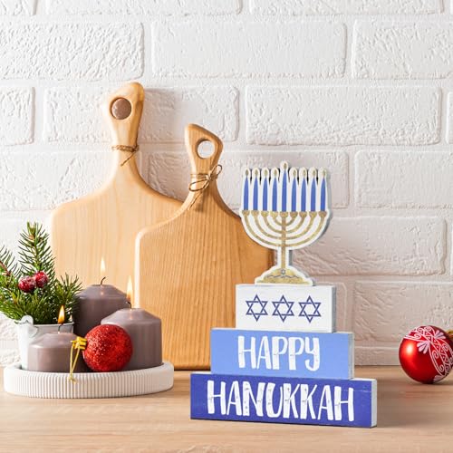 Smile Hanukkah Wood Decoration Set Hanukkah Sign and Blocks Farmhouse Decor Rustic Menorah Hexagram, Party Supplies Gifts Festive Holiday Centerpiece and Table Decoration - style: Hanukkah