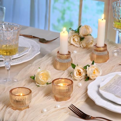 HAVITI 12 Pack Gold Taper Candle Holders, Glass Candlestick Holders, Tea Light Candle Holder for Fall Wedding Centerpieces Table Decorations, Votive Candle Holders for Table Decor - color: Gold