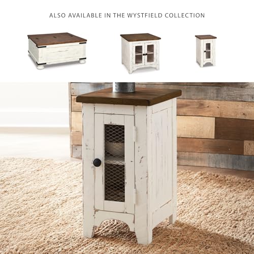 Signature Design by Ashley Wystfield Farmhouse Chair Side End Table with Cabinet Door for Storage, White & Brown with Distressed Finish - color: Dark Brown & White