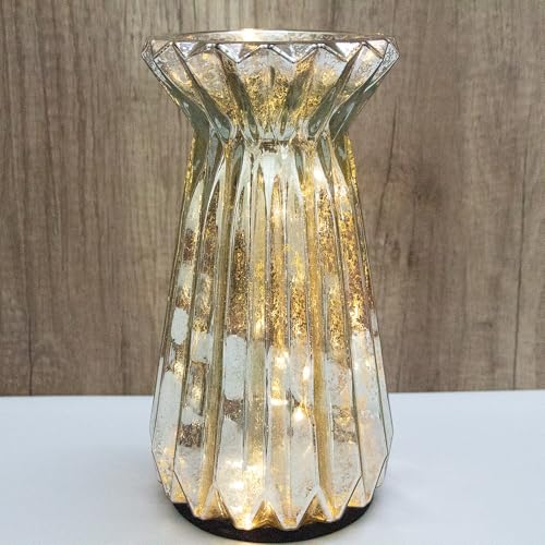 Home Decor, Mercury Glass Pillar Candle Pedestal Holders with 10 Led Lights, Lighted up Candle Holder for Pillar Candle, Glass Candlestick Holders with Timer for Wedding Dining Table Xmas (Silver) - color: Silver