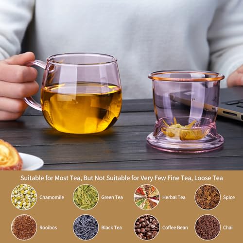 DOPUDO 11oz Pink Glass Tea Cup with Infuser and Lid– Versatile and Elegant Gift for Women, Perfect for Loose Leaf Tea and Other Beverages. - size: 11OZ