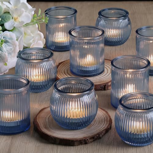 NITIME 12pcs Assorted Blue Votive Candle Holders for Wedding Decor, Ribbed Tea Lights Candle Holder, Glass Candle Holder for Table Centerpiece, Party and Holiday Decorations - color: Blue