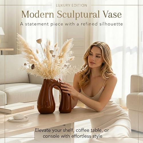 Brown Ceramic Vase for Modern Home Decor, 7.5" Sculptural U-Shape Pitcher Vase with Arch Handle, Small Earth-Tone Aesthetic Flower Vase for Pampas Grass, Dried Flowers, Shelf Entryway Decor PROBENEX - color: Brown