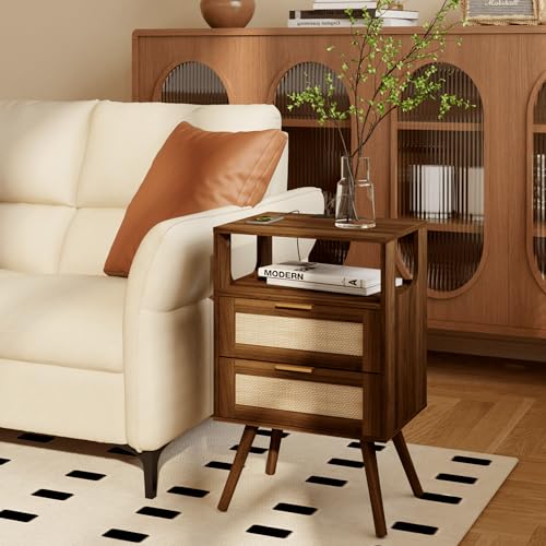 JOONEE Rattan Nightstand with Charging Station,Farmhouse Bedside Table with 2 Storage Drawer and Open Wood Shelf, for Bedroom and Small Spaces,Night Stand with Solid Wood Legs (Walnut Brown-Outlet) - color: Walnut Brown-outlet