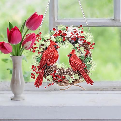 Auremi Cardinal Diamond Art Hanging Kit for Adult, Special Shaped Rhinestone, DIY Acrylic 5D Christmas Diamond Painting Window Pendants Signs, Home Garden Wall Hanging Ornament - color: Cardinal