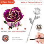 AliveRose Gold Roses, 24K Gold Rose Made from Real Rose - Unique Design 24K Dipped Rose for Anniversary Valentines Mothers Day Birthday Gifts (Purple Original Rose with Crystal Vase) - color: 4. Purple Original Rose With Crystal Vase