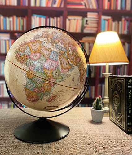 Replogle Eureka 16 inch desktop globe with up to date antique raised relief map and full swing gyromatic assembly. The beautiful antique ocean product has vast amounts of up-to-date information will pique the interest of any geographical connoisseur of al
