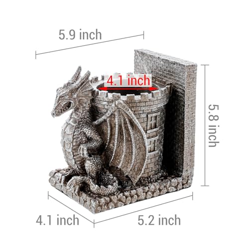 Bookends Dragon,Gothic Brown Resin Dragon Guarding Castle Pencil Cup Bookends, Office Desk Book Ends with Decorative Fantasy Dragons and Stone Tower Pen Holders, 1 Pair - color: Brown