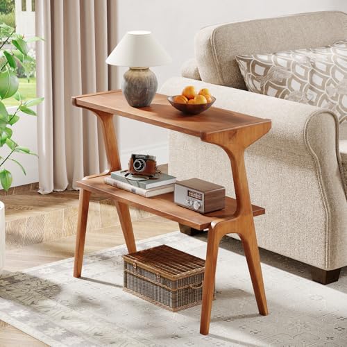 Tribesigns Solid Wood End Table, Modern Side Table for Couch, 2-Tier Narrow Tall End Table, Long Bedside Table for Living Room, Bedroom, Walnut - color: Walnut