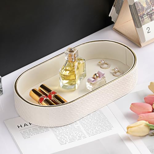 Hipiwe PU Leather Valet Tray with Gold Line Perfume Vanity Tray Catchall Tray for Jewelry Trinket Oval Bedside Nightstand Organizer for Home Decor, White - color: White