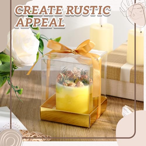 Cunno 36 Set 3.5 x 3.5 x 4.3 in Candle Gift Package Valentine's Transparent Box 4-18 oz Handmade Tealight Candle Holder Paper Bottom Ribbon for Wedding Baby Shower Party Mug(Gold) - color: Gold