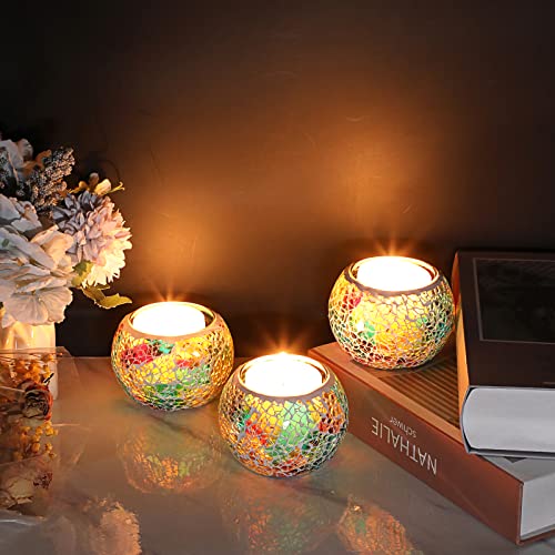 OwnMy Set of 3 Colorful Mosaic Glass Tea Light Holders Round Bowl Votive Candle Holders Pillar Candle Stands, Glass Mosaic Tealight Holders Potted Plant Bowl Vase Candle Centerpiece for Table Wedding - color: Rainbow