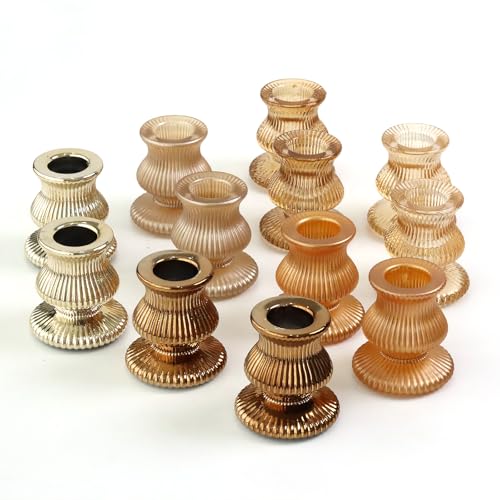 WDHODEC Gold Candlestick Holders 12PCS Glass Taper Candle Holders for Table Centerpiece Colorful Candle Sticks for Wedding, Party and Festival Decoration - color: Gold