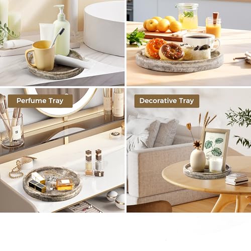 Round Marble Vanity Tray, Gray Travertine,Natural Marble Stone Decorative Tray for Counter, Bathroom, Kitchen, Dresser, Nightstand or Coffee Table, Home Decor(NS024) - color: Gray Travertine