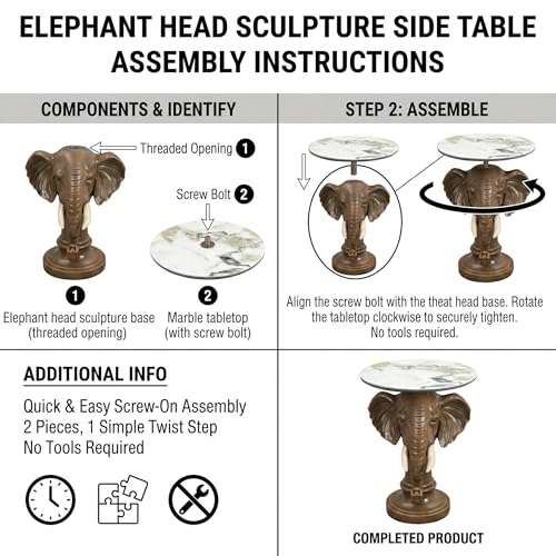 Elephant Sculptural Side Table, 19.69" W x 25.98" H Faux Marble Top, Resin Animal End Table, Unique Accent Table for Living Room, Gift for Housewarming - color: Yellow Elephant Head Statue