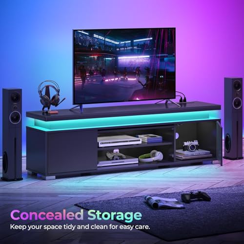 Rolanstar TV Stand with Power Outlet & LED Lights, Modern Entertainment Center for 32/43/50/55/65 Inchs TVs, TV Table, Universal Gaming LED TV Media Stand with Large Storage Cabinet, Black - color: Black