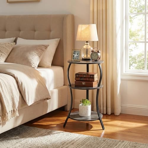 Vintage Small Round Side Table, 3-Tier Slim Waist Circular End Table with Storage Shelf, Compact Tea Sofa Side Table, Round Corner Coffee Table Nightstand for Living Room Bedroom Small Spaces,Grey - color: Grey, style: Classic