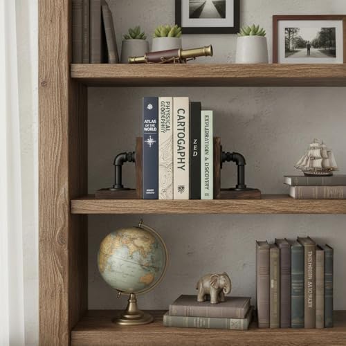 MyGift Book Ends Decorative, Bookends for Shelves, Metal Bookends for Heavy Books, Office Decor for Men, Wood Book Stopper, Realistic Industrial Pipe Design, Dark Brown - color: Dark Brown