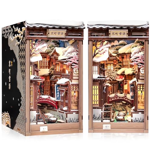 Cutefun DIY Book Nook Kit Kyoto Snow Whisper – Japanese Snow Scene 3D Wooden Puzzle Miniature Dollhouse Kit with LED Light, Bookshelf Insert Decor, Creative Gift for Adults, Teens & Book Lovers - style: Kyoto Snow Whisper