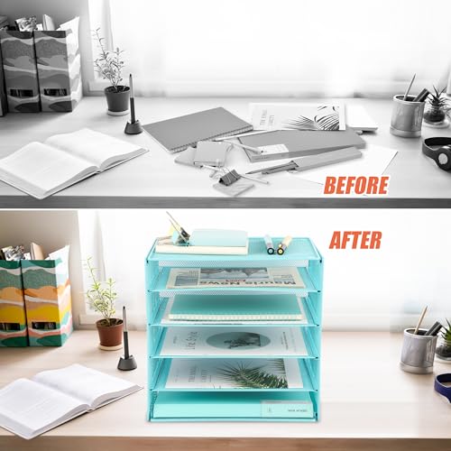 EASEPRES 5 Slot Mesh Desk Organizer Tray, File Paper Letter Folder Holder Desktop Paper Sorter Mail Organization Rack Storage Accessories, for Office Home School Classroom, Blue - color: 5 Tier Blue
