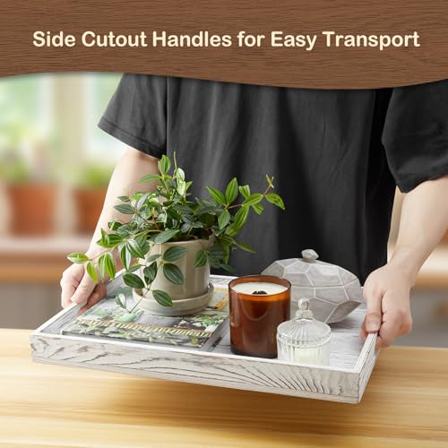 17 Inch White Serving Tray with Handles, Large Wooden Tray for Ottoman, Breakfast in Bed, Coffee Table, Dinner, Rectangular Wood Tray for Living Room Bedroom Entryway and Kitchen - color: White, size: 12" x 1.6" x 17"