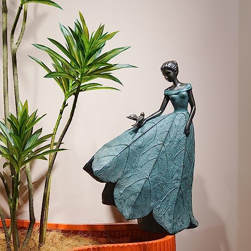Guichifun Fairy Statue Collection Home Decoration - Leaf Angel Girls Resin Home Decor for Outside or Inside Rustic Garden Outdoor Yard Decorations Figurines Gift 14.25 x 9 x 20.25 Inch - color: Green-bird, size: X-Large