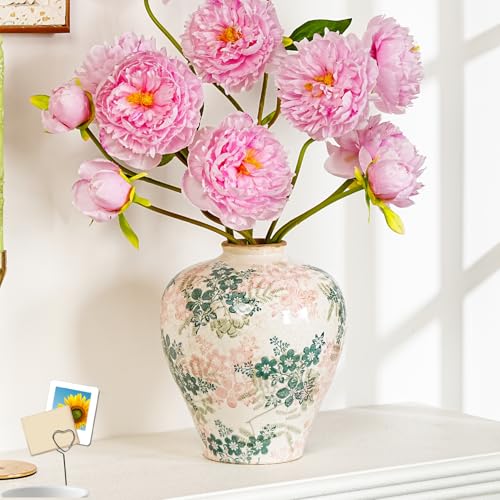Sungmor Vintage Ceramic Flower Vase - 9.4 Inch Retro Ice Cracked Glaze Chinoiserie Vase, Rustic Farmhouse Home Décor Accent for Dried Flowers, Greenery - Table Centerpieces, Shelf, Mantel Decor - color: Green