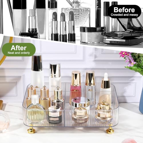 DASITON Makeup Organizer Countertop for Vanity, 5 Slots Makeup Brush Holder Organizer, Vintage Makeup Perfume Tray Cosmetic and Skincare Organizers for Bedroom Bathroom Counter, Desk Storage (Clear) - color: Clear