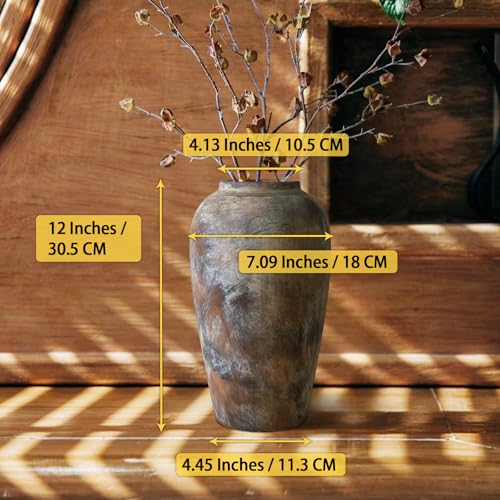 12 Inch Ceramic Rustic Farmhouse Vase, Handmade Pottery Flower Vases for Home Decor, Brown Ceramic Vase for Living Room, Table Centerpieces & Shelf Decor, Wedding Gifts - color: Brown, size: Small