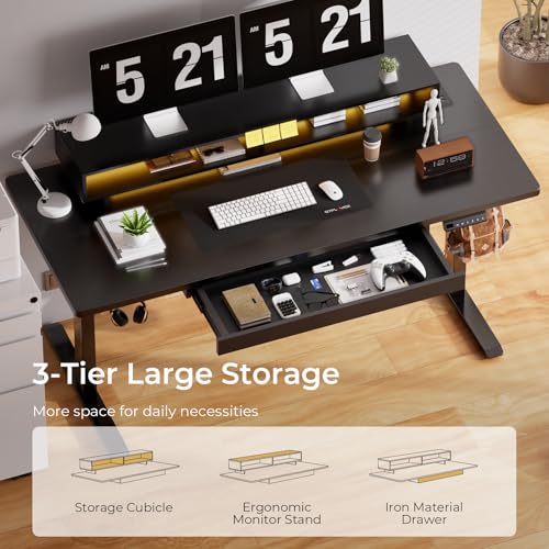 GTPLAYER Electric Standing Desk with Drawers, 55 x 24 Inch Height Adjustable Gaming Desk with Monitor Stand, Power Outlets & LED Lights, Home Office Sit Stand Up Desk with Memory Preset (Ebony Black) - color: Ebony Black, size: 55*24"